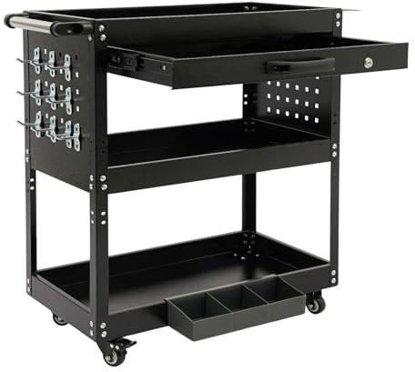 Servante d'atelier à 3 niveaux en acier - Servante à outils sur roulettes avec capacité de charge de 250 kg - Tiroir avec serrure, 4 roues (2 verrouillables) et boîte supplémentaire pour atelier