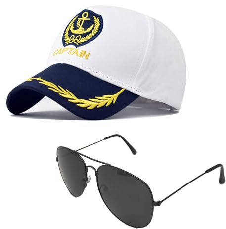 SAIIURV 2 Stücke Kapitänsmütze für Erwachsene, Captain Hat Baseball Cap, Verstellbare Yacht Schiff Boot Marine Mütze Mit Sonnenbrille, Marine Sea Cap Hut für Karneval Mottoparty Partys Cosplay(Weiß)