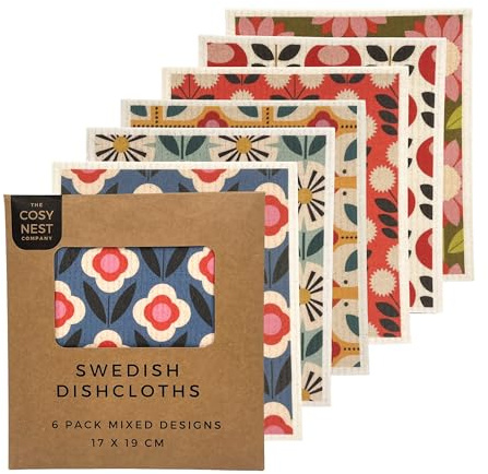 The Cosy Nest Company Swedish Dishcloths Pack of 6, Reusable Dish Cloths for Washing Up, Absorbent Sponge Cloths for Kitchen Cleaning, Eco Friendly Compostable Plastic Free, Floral Design