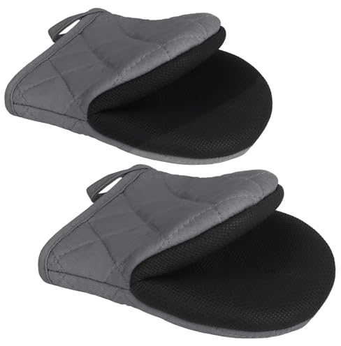 1 Paar Kurze Ofenhandschuhe, hitzebeständige Silikon-Küchen-Mini-Ofenhandschuhe für 500 Grad, rutschfeste Griffflächen und Handschuhe zum Aufhängen, Backen, Grillen, Grillen (Grau)