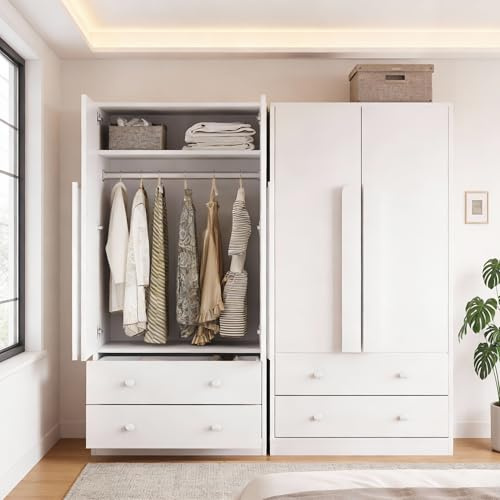 Yihomfy mit 2 Türen & Rattan, Landhausstil Weiß mit großer Schublade, höhenverstellbaren Regalen & Kleiderstange, Inkl. Kippsicherung, 180x85x52 cm (White, 70 x 40 x 170 cm)