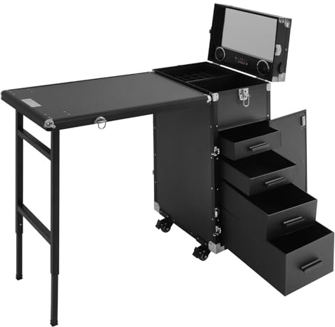 WFIETN Faltbare Nageltisch Maniküretisch Rolling Maniküre Tisch Schwarz | Mobile Manicure Table Nageltisch als Temporäre Make-up-Stationen mit 4 Schubladen und Fernbedienung für Schönheitssalon