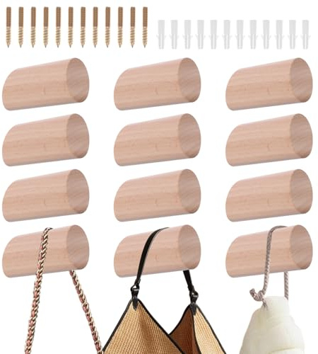 Jokapy 12 ganchos de madera de 6 cm, ganchos de pared minimalistas, ganchos de madera decorativos, colgadores de ropa de pared, toalleros con tornillo, ganchos para guardarropa, sombrero, mochila