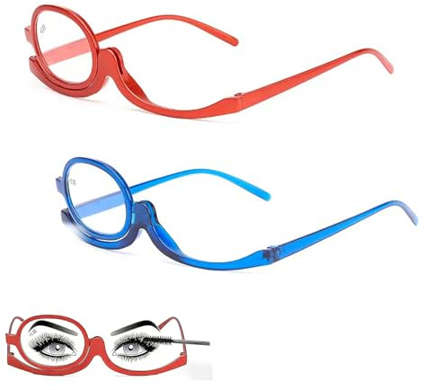Magnifying Makeup Glasses Set – 2 PCS Flip-Up Lenses for Precise Eye Makeup – Red +3.50 & Blue +2.50 Lightweight Cosmetic Glasses