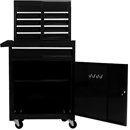 Generiskt robust verktygsskåp med 5 lådor och hjul – 100 kg bärkraft, avtagbart lock, justerbara hyllor och hängpanel – perfekt för garage och verkstad (svart)