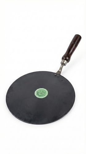 Iron Roti Tawa 26cm (No.26) Heavy-Duty Iron Griddle with Cool-Touch Wooden Handle, Pre-Seasoned Black Surface for Chapati, Roti, Paratha, Dosa & Flatbread, Gas Stove Compatible Traditional Cookware