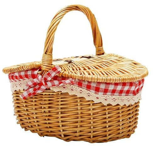 Kleiner Weidenkorb mit Deckel und Henkel Geflochten Ovaler Picknickkorb Kinder Rotkäppchen Korb mit Rotem Karostoff