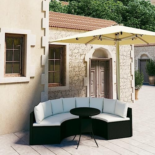 RCODSSK 7-TLG. Garten-Sofagarnitur Poly Rattan Schwarz mit Auflagen, Outdoor Sofagarnitur mit Akazienholz Tisch, schwarzes Rattan Sofa Set, Garten Lounge Set Poly mit gepolsterten Kissen