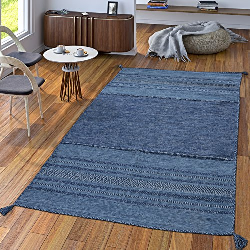 TT Home Handwebteppich Wohnzimmer Natur Webteppich Kelim Modern Baumwolle Streifen Blau, Größe:120x170 cm