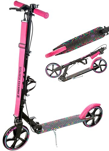 Raven - Monopattino per bambini, adulti - Scooter - Monopattino - Pieghevole, regolabile, tracolla per il trasporto, campanello - Dots Black con Freno a Mano, ruote da 200 mm