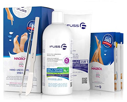 Mr. Fuss® No. 4 - Plus Pack Complete - Groß, Nagelhaut- Hornhautentferner Sparpaket 4 tlg. Aktiv-Lösung Schnell erweichend - 500 ml, Watte, Besteck-Set