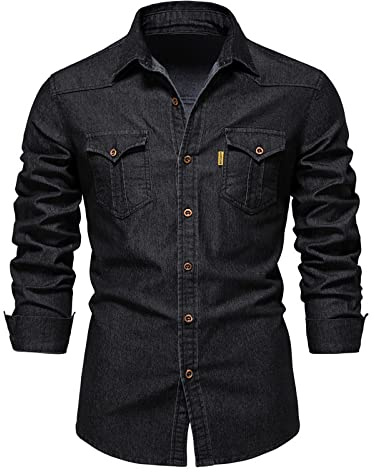 BINGFENG Denimskjortor för män enkla dubbla fickor smal passform vardaglig långärmad cowboy skjortor för män western, Svart, L