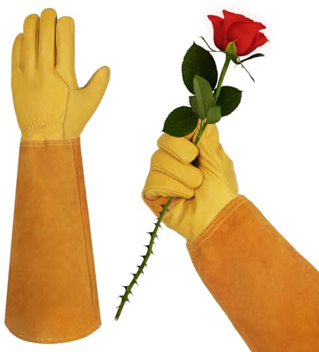 Velway Garten Lederhandschuh für Damen und Herren - Rindsleder Dornensicher Lange Gartenhandschuhe mit Unterarmschutz zum Beschneiden von Rosen Kaktus Arbeitshandschuhe - Größe 9/L Gelb