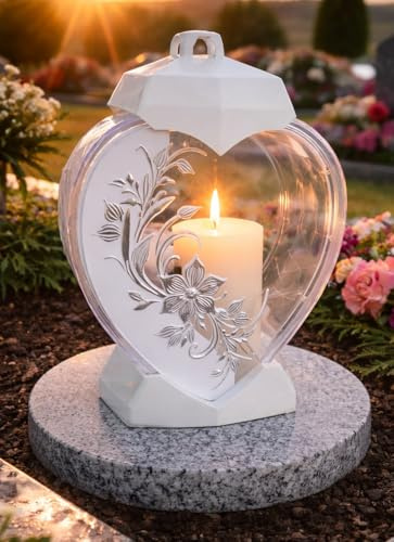 Grablaterne mit Sockel 34,0 cm Herz Grablicht Kerze Grablampe Granitsockel Grableuchte Weiss Grabschmuck Lampe Laterne Licht Trauer Liebe Grabdekoration Garten