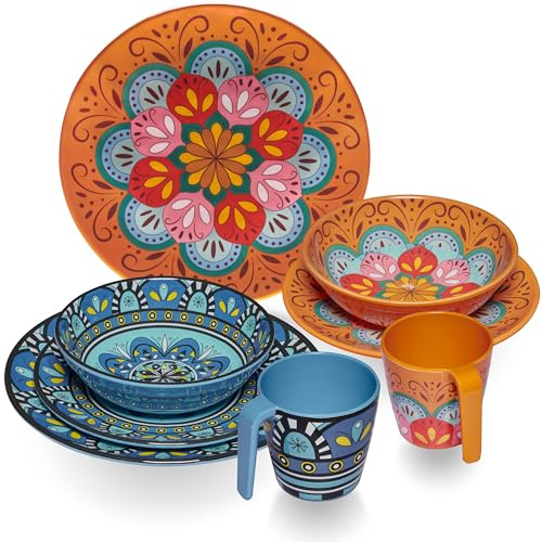 Melamin Geschirr Set Toskana Pastel für 2 Personen 8 Teile Camping Picknick