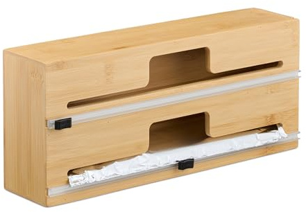 Relaxdays Dispensador Papel Aluminio y Film, 2 Rollos, Cajón, Bambú, 14,5x33,5x8cm, Soporte Portarrollos Cocina, Natural