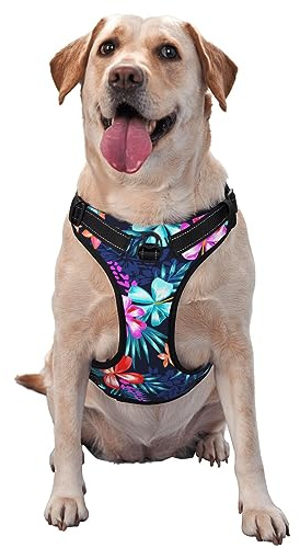 Anti-Zug-Haustiergeschirr mit Leine, reflektierende und verstellbare Oxford-Weste für Haustiere im Freien zum Training und Spazierengehen (hawaiianische Bunte Hibiskusblüten, Tropische Palmenblätter)