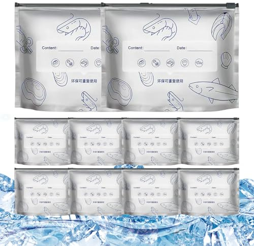 Grillande foliepåsar, 10-pack lufttäta köttbehållare, återanvändbara ståpåsar, läckagesäkert blixtlås, matförvaring, kraftiga silverväskor med etiketter för grillning matberedning och frys resor