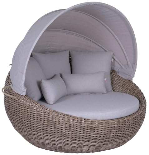 MR. DEKO Sonneninsel Marano PE Rattan Braun Beige | Luxus Loungeinsel Garten Wetterfest | Runde Sonnenliege mit Dach Klappbar | Inklusive 5 Kissen | Lounge inkl. Abdeckung