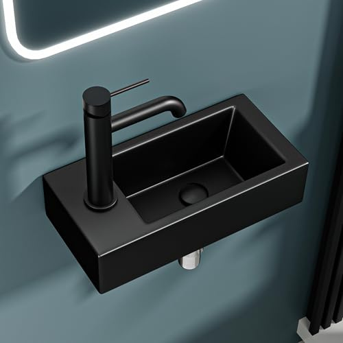 DILECI Vasque Lave-Mains Compacte Noire Mate Sortie Gauche 36,5x18x9 cm – Lavabo Rectangulaire en Céramique – Idéal Toilettes, Petites Salles d’Eau et Espaces Restreints