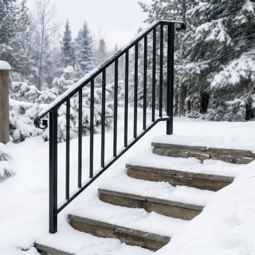 Stair Handrail for 4 Steps, Galvanised Iron Safety Railing for Indoor Outdoor Use – Matte Black