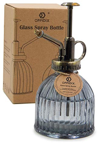 OFFIDIX Glasbewässerungssprayflasche, 6,3 Zoll hoher Vintage Style Spritzer mit Bronze-Kunststoff-Toppumpe Eine Handgießkanne (Dunkelgrau)