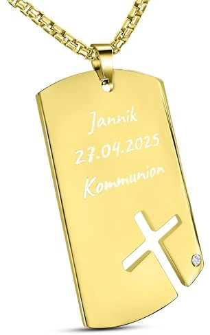 Hanessa Personalisierte Kette mit Gravur Edelstahl 60 cm mit Anhänger Dog Tag Kreuz - Personalisierte Halskette für Männer und Frauen - Personalisierter Schmuck Damen Herren