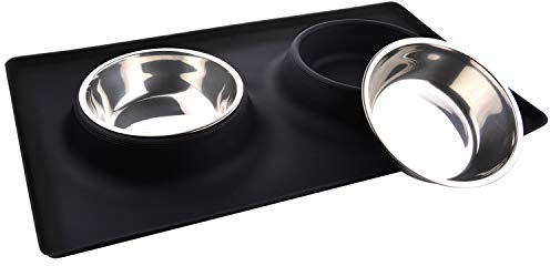MOACC Fressnäpfe für Hunde und Katzen, 2 x 400ml Edelstahl Doppel Napf Schalen mit Nicht kleckern Rutschfesten silikon tablett Matte Reisen Schüssel Haustier Lebensmittel Wassernapf