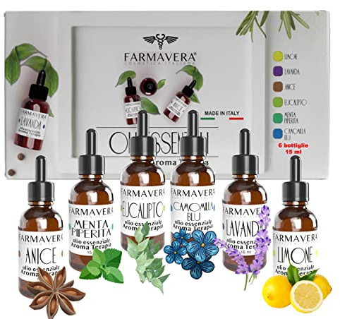 FARMAVERA Mix Oli Essenziali per Diffusori Naturali e Candele Fai da Te, Aromaterapia, Essenze Profumate per Diffusori 6 x 15 ml, Olii Essenziali Naturali