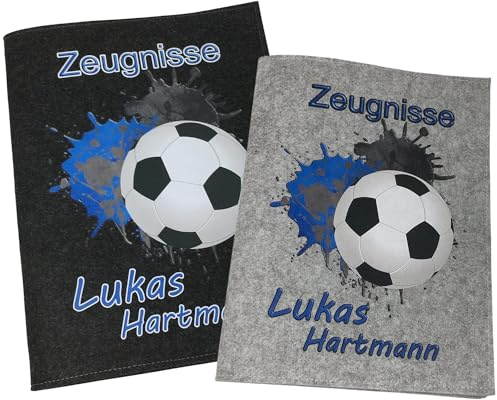 Fadensalat Zeugnismappe mit Namen - Mädchen und Jungen - Personalisiert Filz A4 Fussball Blau - Dokumenten Urkunden Mappe Kinder - Hefter Zeugnisse - Sichtbuch