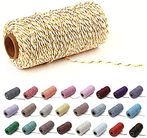 Natural Twine Cotton String Christmas Natural Jute Colored Cotton String Rope Craft Cord Gift Wrapping Twine (1 Roll, Gold Wire & Beige)