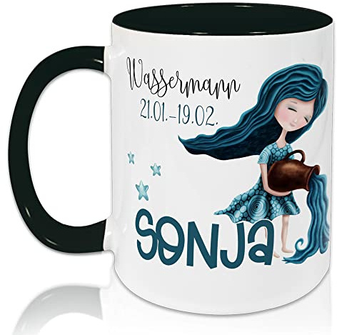 GRAZDesign Tasse Horoskop, Sternzeichen Wassermann mit Datum und Namen, personalisiert, Keramiktasse Innen Schwarz, Außen weiß (Wassermann)