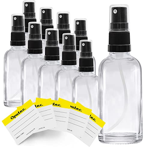 Oputec 10 flaconi spray da 30 ml in vetro con nebulizzatore + 10 etichette – Bottiglie in vetro trasparente con testina spray fine – Piccola bottiglia spray
