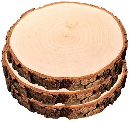 Baumscheibe aus echtem Holz mit Rinde, Runde Holzdeko Baumstamm Scheibe, Natürliche Holzscheibe zum Basteln, Schlichte Holzplatte als robuster Untersetzer (3-er Set)