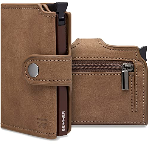 BEWMER v2 Kartenetui mit RFID-Schutz & Anti-Cloning - Damen & Herren Geldbörse mit Münzfach & Platz für 9 Kreditkarten | Kunstleder Portemonnaie Herren & Damen mit Clipverschluss | Hellbraun-Braun