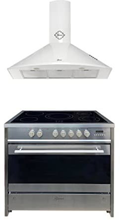 GURARI Herdset GCH E 912 X + GCH C 046 WH 9, Elektro Standherd 90 cm, Glaskeramik, Range Coocker, 121 L, Edelstahl + Dunstabzugshaube, Wandhaube 90 cm, 1000m3/h, Weiß, Abluft/Umluft Haube
