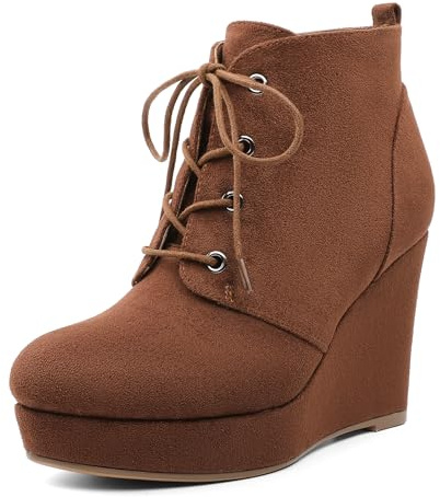 AUMOTED Women's Wedge Ankle Boots Round Toe Lace up 10 CM High Heels for Party Prom Wedding Dress Shoes Suede Brown US Size 9