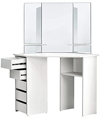 ML-Design Tocador Blanco Mesa de Maquillaje con 3 Espejos Cajón y Compartimentos 110 x 141,5 x 54 cm de Madera MDF Gabinete Moderno Mueble Cómodo de Esquina para Retoques de Belleza Make-up Peluquería