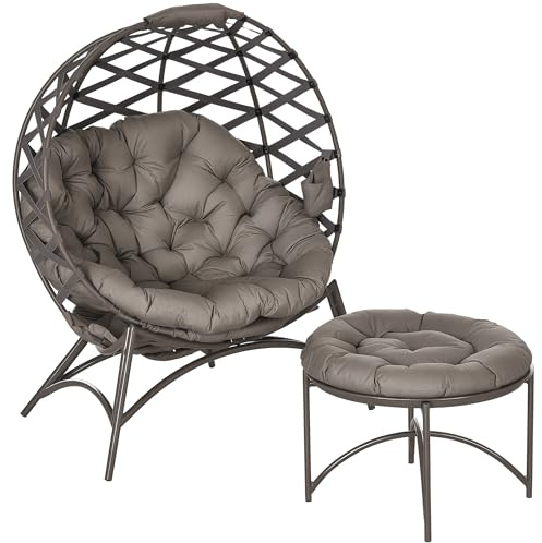 Outsunny 2tlg. Gartenstuhl-Set, Korbstuhl mit Faltbarem Sitzkorb, inkl. 2-in-1-Hocker, Kissen, Loungesessel füt Balkon, Terrasse, Stahl, Sand, 118 x 75 x 142 cm