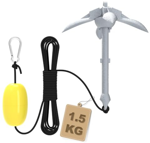YRHome Bootsanker Klappanker Faltanker Verzinkt Stahl Gusseisen Anker 1,5KG Ankerset Mit Karabiner, Ankerboje, 10m Ankerleine & Transportbeutel für Schlauchboot Boot SUP Paddle Kanu Kajak