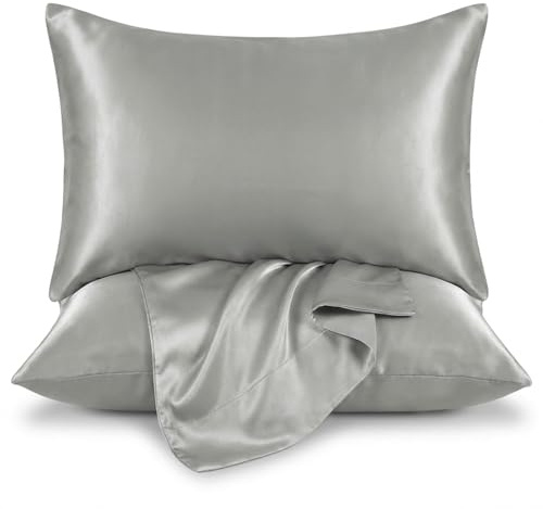 Moonlight Bedding Satin Grey Cooling Pillow Cases 2 Pack -Soft as Silk Pillowcases for Hair and Skin with Envelope Closure Standard Size Silky Pillow Covers (50x75cm)