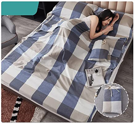 RUZGAR Hüttenschlafsack Baumwolle Kariert Gestreift Schlafsack Sommerschlafsack Leicht Dünn Reiseschlafsack Inlay Ideal for Hostels Berghütten Jugendherbergen (Color : Blue, Size : 200x210cm-78x82)