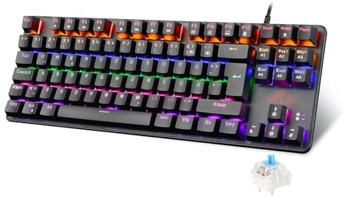 Rii Gaming Tastatur TKL QWERTZ, TKL Tastatur Mechanisch, Blaue Schalter (Laut), Tastatur Kabel (Nicht Hot-Swap-Fähig, Schäfte sind Nicht austauschbar)