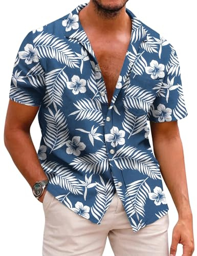 COOFANDY Hawaii-skjorta för män, kortärmad skjorta, sommarskjorta, fritid, blommor, skjorta, semester, strandskjorta, skrynkelfri, knäppning, skjortor, normal passform, C-marinblå, 4XL