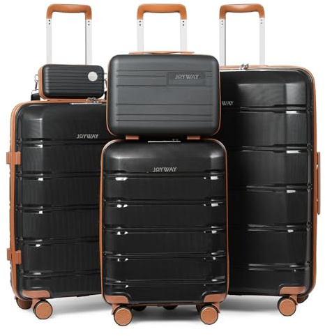 Joyway Kofferset 5tlg Hartschale mit 4 Rollen und TSA-Schloss Der Gepäcksets Enthält 1 Kosmetikkoffer und 1 Tragbare Tasche Schwarz/Braun
