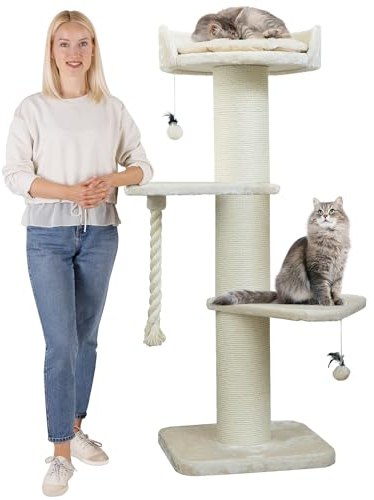 HAPPYPET Premium Kratzbaum Grosse Katzen Stabil 'Freddy' – 150 cm Großer Katzenbaum, Kletterbaum für Maine Coon, Natursisal, 20 cm Dicke Stämme - Creme