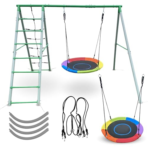 HyperMotion Parco Giochi XL per Bambini 3+, Altalena Nido da Giardino con Scala e Rete da Arrampicata, Carico Massimo Sedile: 45 kg