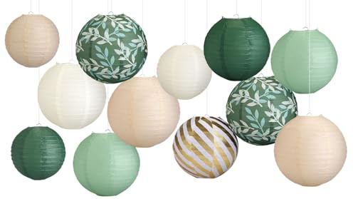 LIHAO Lampenschirm Grüne Laterne Lampions Papierlaternen Set 12 PCS Papier Laternen Partydekorationen für Brautpartys grüne Boho-Hochzeitsdekorationen Geburtstagsfeier Eukalyptus Greenery Thema