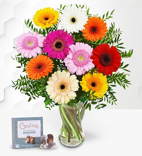 Ramo de Flores Geberberas Con Chocolates - Ramo de Flores – Regalo de Flores Frescas para Cumpleaños o Día de la Madre – Arreglo de Lujo con Entrega al Día Siguiente – Sorpresa Elegante para Ella