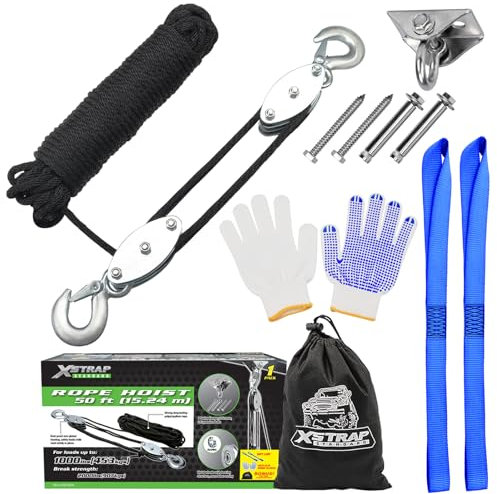 XSTRAP STANDARD Seilhebe-System, 453,6 kg Kapazität, Block und Ausrüstung, 5:1 Hubkraft, 15,2 m, robuster Seilzugblock für die Jagd, Heben von Objekten mit Arbeitshandschuhen, 2 weiche Schlaufen, 1